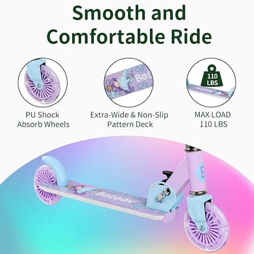 BELEEV V2 Scooters for Kids with Light-Up Wheels & Stem & Deck, 2 Wheel Folding Scooter for Girls Boys, 3 Adjustable Height, Non-Slip Pattern Deck, Lightweight Kick Scooter for Children Ages 3-12 - Purple thumbnail 5