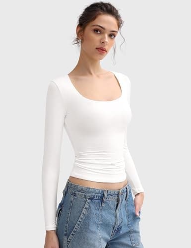 PUMIEY Women's Long Sleeve T Shirts Scoop Neck Slim Fit Going Out Tops Double Lined Basic Tee Smoke Cloud Collection thumbnail 2