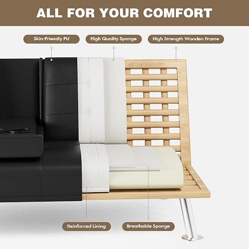 OKWF Futon Sofa Bed, Leather Futon Couch with Removable Armrests, Adjustable Recliner Sleeper Sofa Bed with Dual Cup Holders for Living Room, Apartment, Office (Black), 30.7 x 65 x 28 thumbnail 6