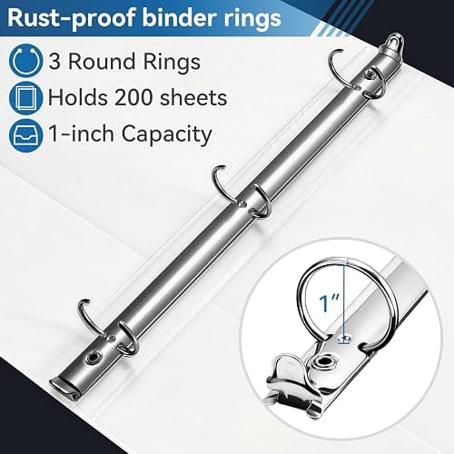 SUIN 1-inch 3 Ring Binder with 2 Pockets, Clear Customizable View Binders for US Letter Size 8.5'' x 11'', PVC Free, 1'' Binder for Office, Home, and School, White, 6 Pack thumbnail 3