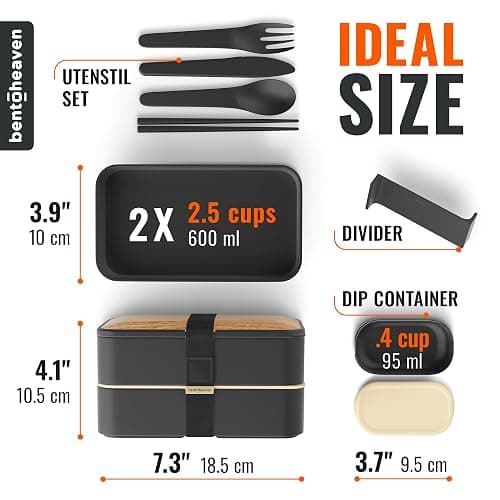 Bentoheaven Premium Bento Box Adult Lunch Box with Compartments for Women & Men, Set of Utensil & Chopsticks & Dip Container, Cute Japanese Kids Bento Lunch Box, Microwavable (Symph Onyx) thumbnail 2