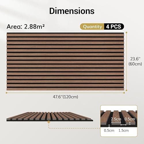 TONOR Wood Slatwall Panels, 4 Pack 47.2" x 23.6"/ 120 x60cm(31ft²) Acoustic Wall Panels, Wood Slat Acoustic Panels for Noise Cancelling and Home Decor, Living Room, Bedroom, Office, Room Decor, Walnut thumbnail 4