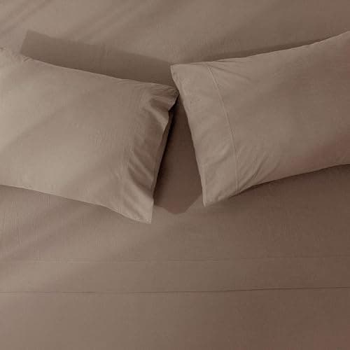 JIYUAN 100% Washed Cotton Sheet Set 4 Pieces King,1 Fitted Sheet,1 Flat Sheet and 2 Pillowcases,Comfy and Breathable Linen Like Bedding Set,Light Brown thumbnail 6