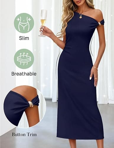 MEROKEETY Women's Wedding Guest One Shoulder Dresses 2026 Summer Formal Elegant Cocktail Party Midi Dress thumbnail 5