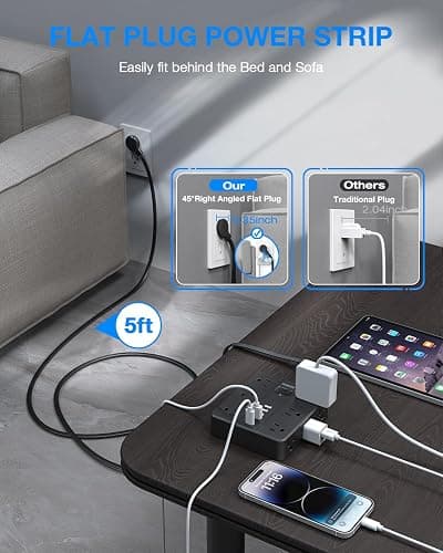 Flat Plug Power Strip Surge Protector, HUNIAN 5 Ft Extension Cord with 12 Widely Spaced Multiple Outlets 6 USB Charger (2 USB C Ports), Desk Charging Station for Home Office Supplies, Black thumbnail 3