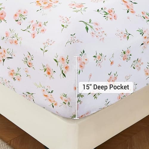 Viviland Floral Twin Sheet Set - 3 Piece Vintage Pink Flower and Leaves Patterned Bed Sheets - Soft, Breathable Microfiber Sheets with Deep Pocket, Non-Slip Fitted Sheets & Pillowcases thumbnail 3