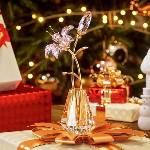 YWHL Crystal Lily Flower Figurine with Vase, Handmade Pink Glass Lily Flower Gifts for Woman, Wedding Gifts for Couple, Home Party Decorations (Pink) thumbnail 6