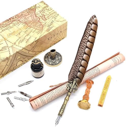 GC QUILL Antique Quill Pen Unique Half-Patterned Feather Pen Set with 6 Nibs 1 Bottle of Ink 1 Seal Stamp 1 Pen Holder 1 Sealing Wax LL-149 thumbnail 6