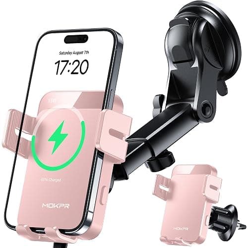 MOKPR Wireless Car Charger, 15W Auto Clamping Car Charger Dash Windshield Air Vent Phone Holder Compatible with iPhone 17 16 15 14/13/13 Pro/12 pro/12/11/X/8, Samsung S24/S23/S22 -Pink - Image 1