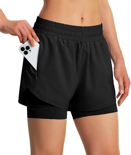 Ksmien Women's 2 in 1 Running Shorts Quick Dry Athletic Gym Workout Shorts with Liner Phone Pockets - Image 1