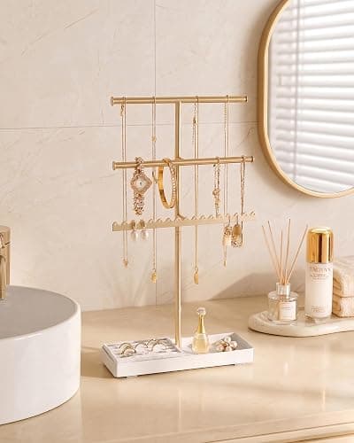 Lolalet 3-Tier Jewelry Organizer Stand, Metal Jewellery Holder, Dresser Display Rack for Necklace Earring Bracelets Rings, Gift for Women Girls -Gold thumbnail 3