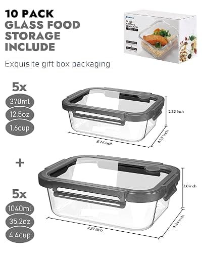 BOROHOUSE 10-Pack Glass Food Storage Containers with Tempered Lids – Borosilicate, Airtight, Oven-Safe (-4°F~950°F), BPA-Free, 4.4 & 1.6 Cup, Leak-Proof, Dishwasher Safe (Gray) thumbnail 2