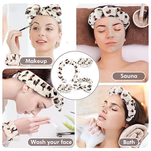 Zkptops 6Pcs Spa Headband for Washing Face Wristbands Set Women Bubble Makeup Sponge Plush Padded Puffy Skincare Headband Bow Tie Hairband Cute Non Slip Thick Hair Accessory Gifts(Beige Leopard) thumbnail 6