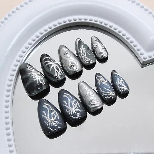 30Pcs Goth Press on Nails Medium Almond Fake Nails 3D Silver Alloy Chrome Glitter Design Y2k Glue on Nails Full Cover Glue on Nails Reusable Handmade Nails Black False Nails for Women Acrylic Nails thumbnail 4