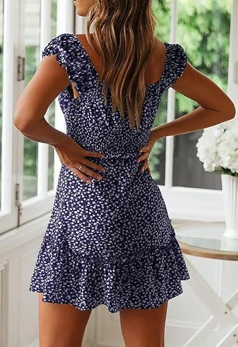 YOBECHO Womens Summer Sexy Sweetheart Collar Printed Ruffle Mini Dress thumbnail 5