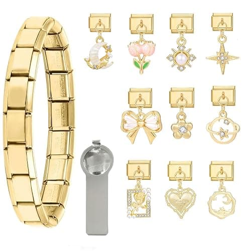 papasgix Italian Charm Bracelet Gold Set with Starter Brascelet, Assorted Charms and Opening Tools, 9mm Modular Italian Charm Bracelet Links Handmade DIY Jewelry Gifts Diamond Pendant - Image 1