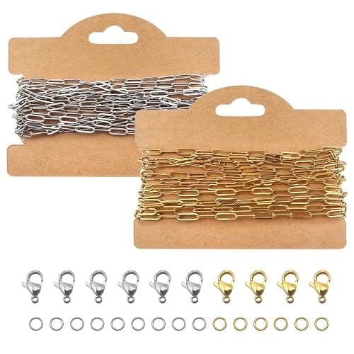 TOAOB Chaine de Trombone de 5m 3x9mm Chaînes de Collier en Acier Inoxydable Doré Argent Chainette pour Bijoux avec 10 Fermoirs Mousquetons et 30 Anneau Ouvert pour Bracelet Fabrication de Bijoux - Image 1