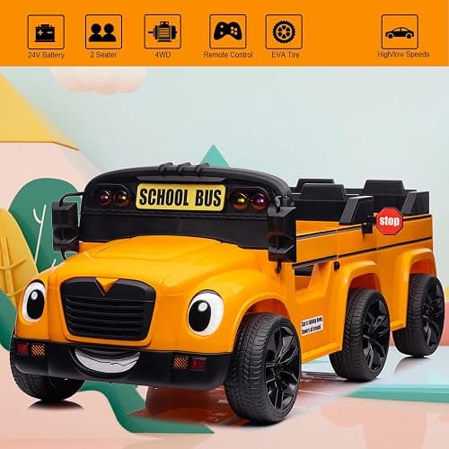 POSTACK 24V Kids Ride on School Bus, 2 Seater Ride on Car with Remote Control, Battery Powered Cars for Kids Boys Girls, Electric Ride on Toy with Microphone, Music, Yellow thumbnail 7