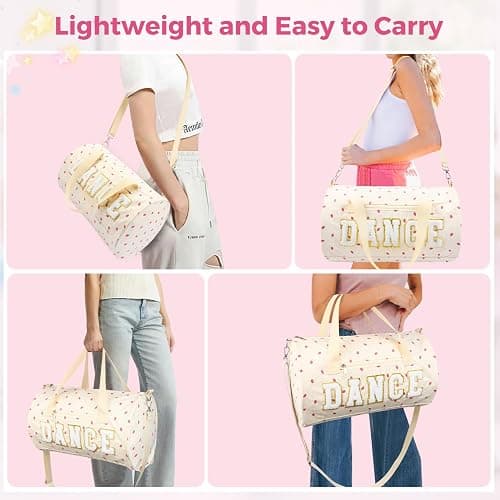 Dance Bag for Girls, KUIRAN 23L Waterproof Travel Duffel Bag with Colorful Chenille Letter, Lightweight Small Gym Sport Ballet Weekender Bag with Large Main Compartment - Strawberry/White thumbnail 6