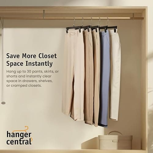 Hanger Central 30 Pack Pants Hangers – 12 Inch Slim Plastic Clothes Hangers with Clips for Skirts, Shorts & Trousers – Non Slip Grip, Heavy Duty Space Saver with Swivel Hook – Black Closet Organizer thumbnail 4