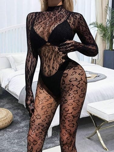 Sniff Rose Women's Fishnet Lingerie Women's Mesh Bodysuit Bodystocking with Leopard Print Tights Jumpsuit Underwear Nightwear thumbnail 3