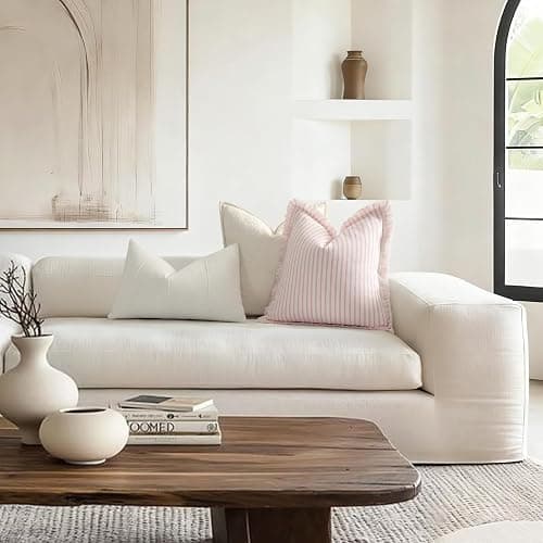 ZWJD Throw Pillow Covers 24x24 Set of 2 Striped Pillow Covers with Fringe Chic Cotton Decorative Pillows Square Cushion Covers for Sofa Couch Bed Living Room Farmhouse Decor, (Pink) thumbnail 4