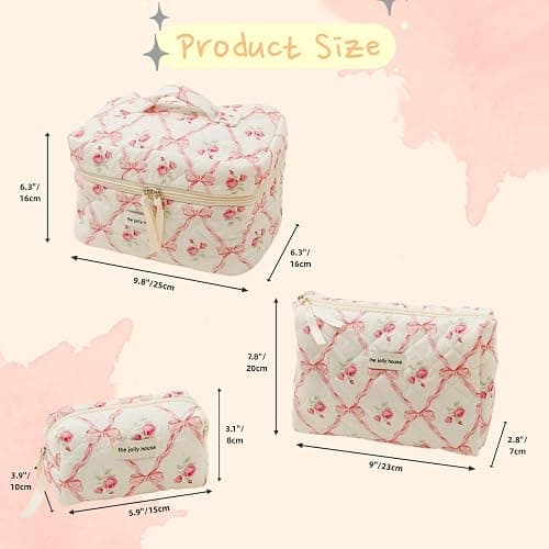 BILIPOPX Cute Makeup Bag Aesthetic Floral Quilted Cotton Cosmetic Bag Travel Organizer Toiletry Pouch 3 Pack Set (01Pink Bow) thumbnail 3