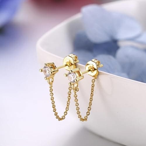 YADOCA 4 Pairs 14K Gold Chain Stud Earrings for Women Hypoallergenic | Stainless Steel CZ Ball Bar Huggie Hoop Earrings Stacks With Dangle Chain Cartilage Helix Earring Sets for Multiple Piercing thumbnail 4