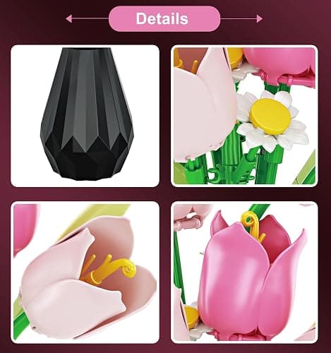 RIESEK Artificial Flower Bouquet Building Set for Adult,Mini Plant Bonsai Tree Friend Set,Botanical Collection Gift for Kid,Tulip Building Blocks with Vase,Birthday Gift for Girl Mom Women Wife thumbnail 6