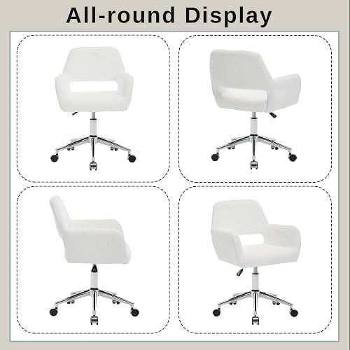 HJY Faux Fur Swivel Desk Chair, Makeup Vanity Chair with Silver Base, White | HENGJIANYI Modern Height Adjustable Fluffy Armchair Ergonomic 360° Swivel Office Chair with Hollowed Back thick cushion thumbnail 8