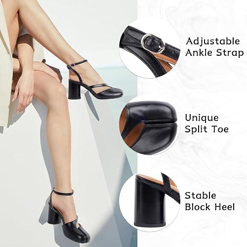 perixir Black Tabi Shoes Heeled Sandals with Block Heel Elegant Closed Split Toe Slingback Heels with Ankle Strap Retro Strappy 3.27-inch High Heel for Office Dance Evening - 8.5 - Black thumbnail 3