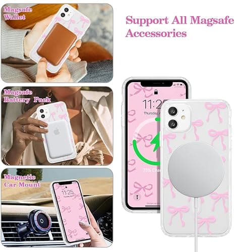 UEEBAI Magnetic for iPhone 11 Case, Bow Case Compatible with MagSafe, Wireless Slim Clear Ribbon Aesthetic Phone Case Anti-Yellowing Shockproof Protective Cover for Women Girl - Pink - iPhone 11 - Pink thumbnail 2