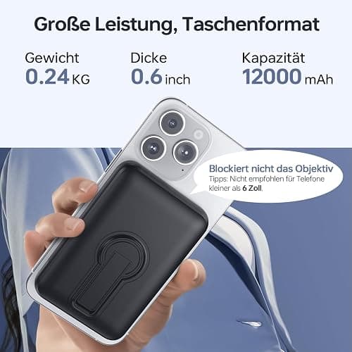 Powerbank für Magsafe, 12000mAh Magnetische Power Bank, PD 22.5W USB-A Ausgabe, Kabelloses Tragbares Ladegerät mit Typ-C-Eingang und Ausgang, LED-Anzeige für iPhone 17/16/15/14/13/12/Pro/Pro Max Serie thumbnail 6