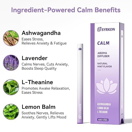 Herbal Diffuser Pen, Supports a Calm Mood | Relaxed Feelings, Mint Flavor, Ashwagandha, Lavender, L-Theanine, Lemon Balm, Vitamin B1 & B6, 600 Uses thumbnail 3