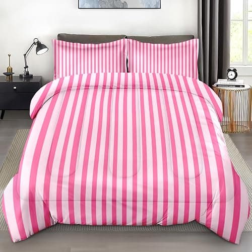 Pamnest Comforter Set Queen Size, Stripe Pink Retro 3 Pcs Soft Bedding for Kids and Adults, Geometric Striped Black Comforter Set with Pillowcase, for Bedroom Bed Decor - Image 1
