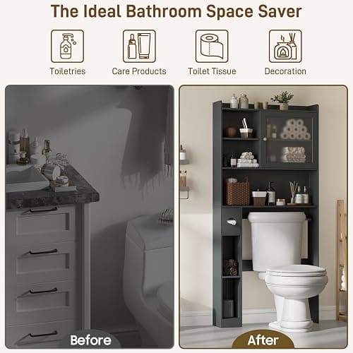 Vabches Over the Toilet Storage Cabinet with Glass Door, Above Toilet Storage Cabinet, Over Toilet Bathroom Organizer Space Saver, Behind Toilet Rack Shelf Cabinet, for Bathroom Laundry Restroom, Grey thumbnail 7