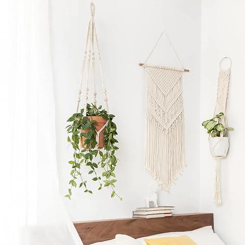 Mkono Macrame Plant Hanger Indoor Hanging Planter Basket with Wood Beads Decorative Flower Pot Holder No Tassels for Indoor Outdoor Boho Home Decor 35 Inch, Ivory, Set of 1 (POTS NOT Included) thumbnail 2