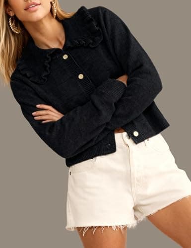 InterNos Womens Y2k Ruffled Collar Cardigan Sweaters Classic Button Down Long Sleeves Fall Sweater Crop Tops thumbnail 6