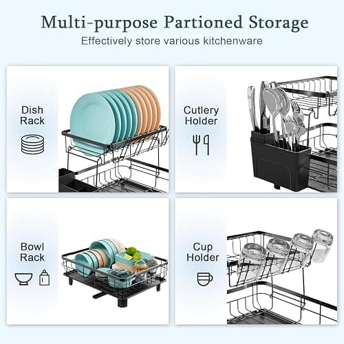 DMTXCRP Dish Drying Rack, Large 2 Tier Stainless Steel Dish Rack for Kitchen Counter with a Drainboard, Cutlery, Cup Holder, Kitchen Organizers and Storage Rack, 17" L x 13" W, Black thumbnail 7