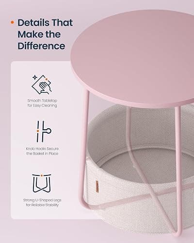 SONGMICS HOME Small Side Table, Round End Table, 2 Tier Nightstand with Basket, U Shaped Steel Legs, Easy Assembly, for Living Room, Bedroom, Pink and White thumbnail 5