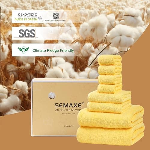 SEMAXE Yellow Bath Towel Set, 100% Cotton Absorbent Bathroom Towels with Hanging Loops, 8 Piece Towel Set Include 2 Bath Towels, 2 Hand Towels, 4 Washcloths thumbnail 7