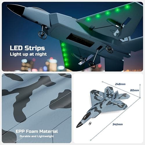 TOIBUS RC Plane, Remote Control Airplane, Drone for Kids and Beginners F-22 Glider Fighter Jet, Ready to Fly 2CH 2.4GHz Flying Toys with LED Lights, 2 Takeoff Modes, Auto Balance, 2 Batteries thumbnail 4