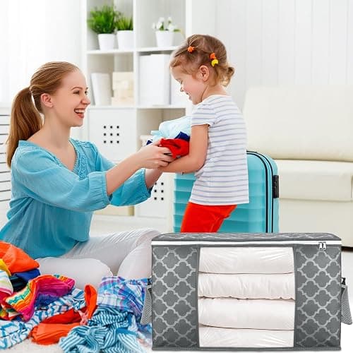 90 L Large Storage Bag Clothes Storage Organizer with Durable Handles for Closet Storage, Comforter, Blanket, Clothing, Bedding and Toys 6 Pack thumbnail 2