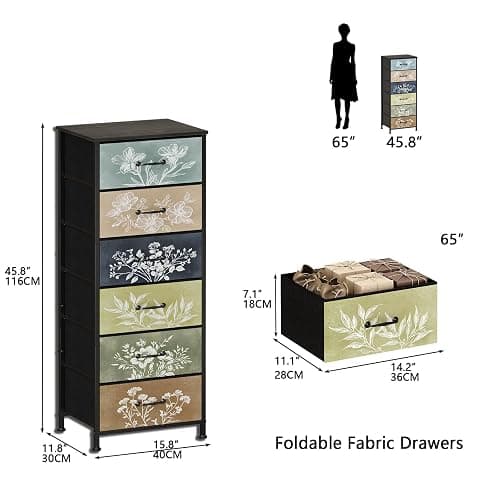 Tohomeor Vintage Dresser Vertical Nightstand with Neutral Botanical Plant Fabric Chest Drawers for Closet Bathroom Storage Tower Unit Bed Side Organizer Farmhouse Rustic (Multi, 6 Drawers) thumbnail 2