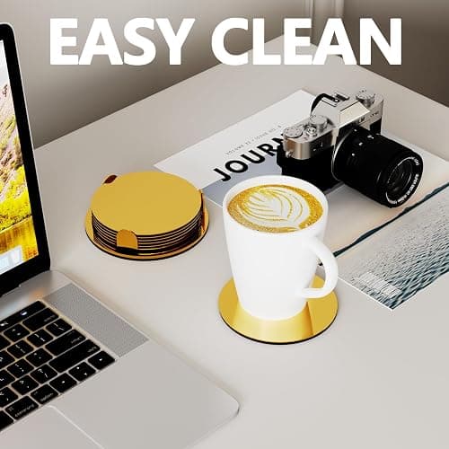Anterrific Gold Stainless Steel Coasters with Holder, Modern Mirror Drink Coaster Set of 6, Unique Round Cup Coasters with Non-Slip EVA Base, Housewarming Décor for Coffee Bar and Dining Table thumbnail 4