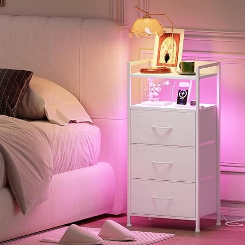 Somdot White Nightstand with Charging Station and LED Light for Bedroom, Tall 3 Drawers Dresser with Fabric Bins for Bedside Kids Dorm Room Closet Laundry Entryway, White Leather - White Leather - 11"D x 15.8"W x 33.5"H (3 Drawers) thumbnail 2