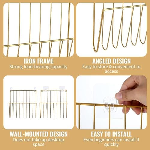 4Pack Wall Magazine Rack, Gold Magazine Holder, Metal Wall File Organizer | Space Saving, File Organizer, Wall Mount, Sturdy Iron Metal, Modern U-Shape, Smooth Welds, for Home Office Bathroom thumbnail 4
