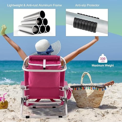 Giantex Beach Chair, Foldable Backpack Chair with 5 Adjustable Position, Cup Holder, Storage Pockets, Straps, Towel Rack, Pillow, 330lbs Aluminum Lay Flat Chairs for Outdoor Camping, Pink thumbnail 6
