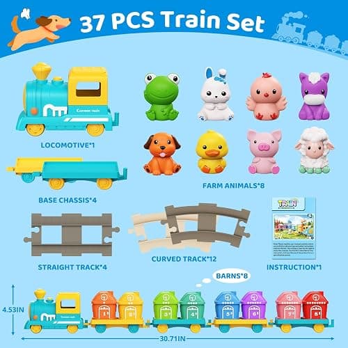 Electric Train Set for Toddler with Farm Animals, Music & Lights, Ages 2-4 | Montessori Self-moving electric train set, 37 PCS with 8 numbered barns and animal finger puppets for counting and sorting thumbnail 4