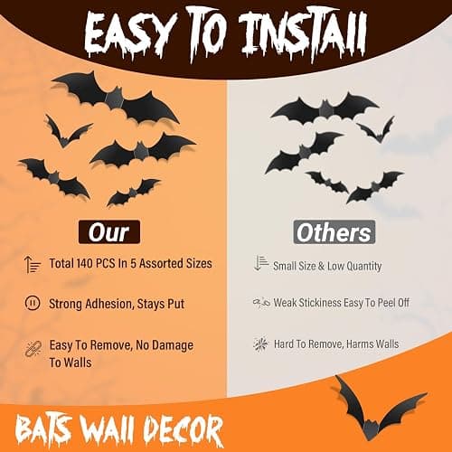 140Pcs Bats Halloween Decor, Real Scary Bat Stickers for Halloween Party | PVC 5 Sizes 3D Bats Wall Decord for Halloween Decorations Indoor Outdoor Home Bedroom Bathroom Door Window Office Kitchen thumbnail 7
